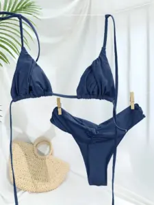 Sexy Folds Bikini Set Solid Micro Bikinis Women Swimsuit Female T