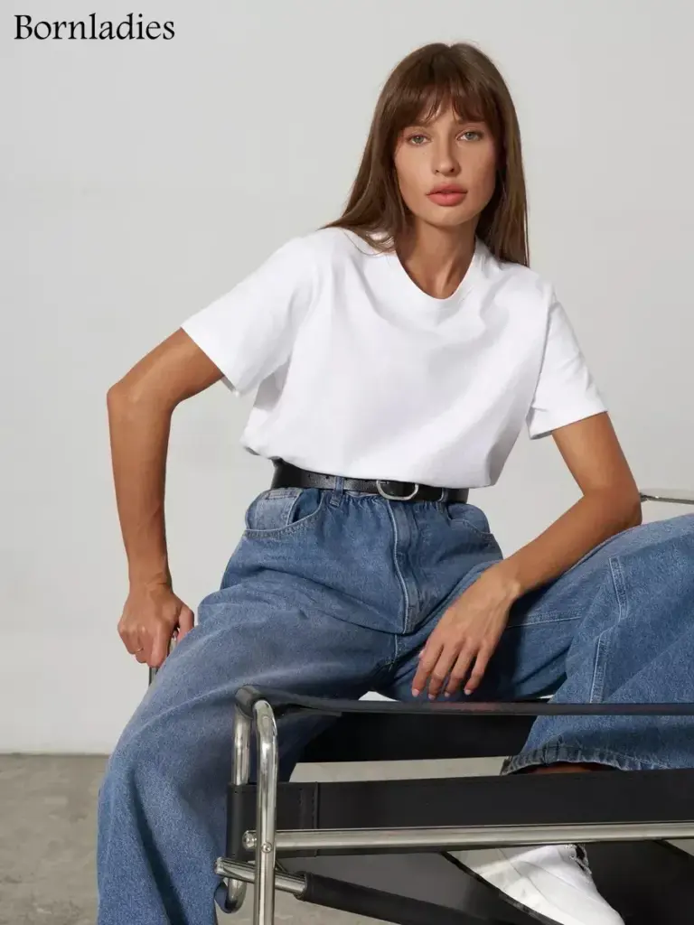 Bornladies Summer 100% Cotton Women's T-shirt Bottoming Basic Fashionable Solid Lady Short Sleeve Loose Tops Shirts 230g