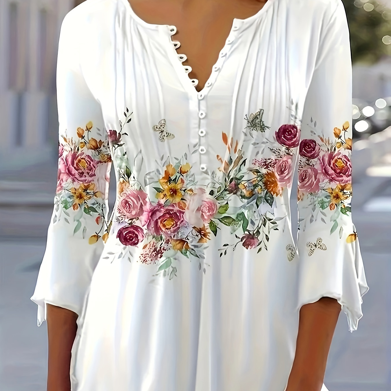 חולצה עם צוואר מחורץ בהדפס פרחוני, חולצה קדמית עם כפתור קז'ואל לאביב וקיץ, בגדי נשים