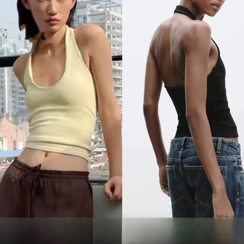 Summer 2025 Women's Fashion Slim Fit Hanging Neck Basic Versatile Top Street Style Short Length Color Other Material 100%