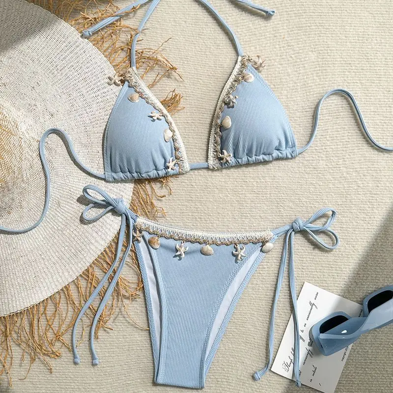 Women's Sexy Halter Triangle Bikini Top 2025 New Arrival Swimwear with Shell & Starfish Design Trendy Beachwear Two Piec