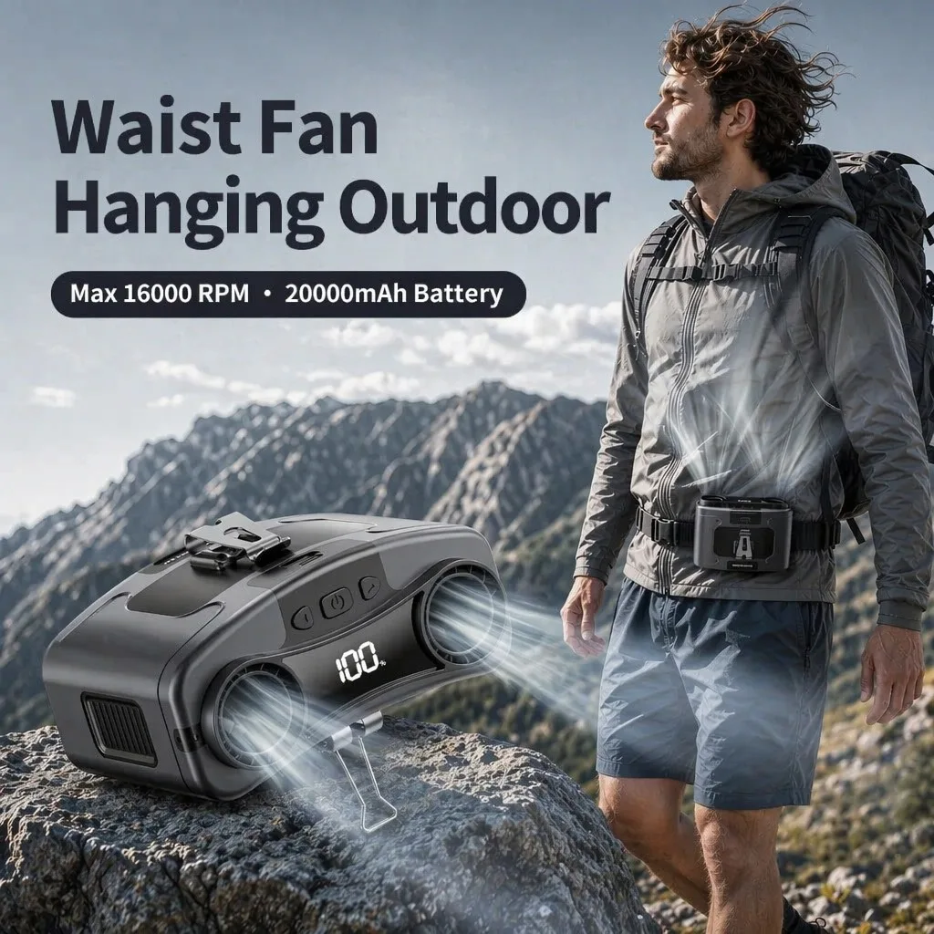 Socoolfan Waist Fan Hanging Outdoor Portable Neck Fan 5/10 Speed Strong Wind for Sports Courier Outdoor Working  10000/2